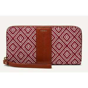 New Fossil Jori Zip Clutch wristlet RFID wallet Leather and Fabric Red / Ecru
